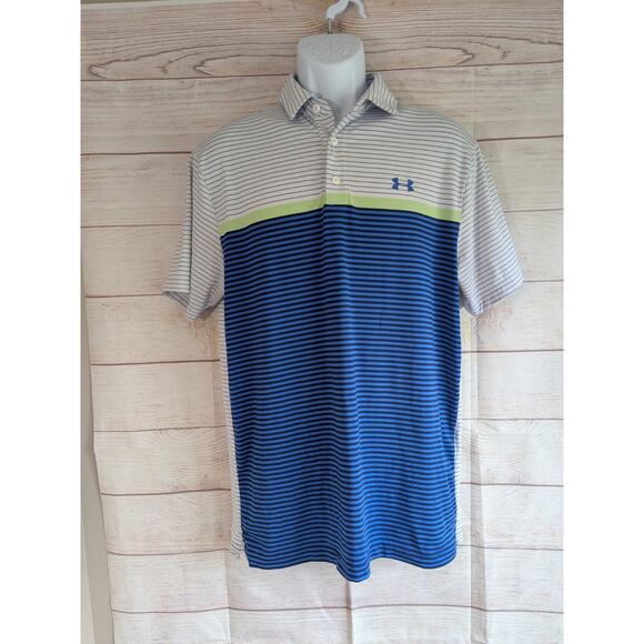 Under Armour Shirt Mens Med White Blue Polo Stripe Loose Heat Gear Short Sleeve - Picture 1 of 5